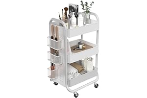 ‎DESIGNA DESIGNA 3-stöckiger Rollwagen, Mehrzweckwagen mit Griff, extra 3 Aufbewahrungszubehör, abnehmbare Stecktafel, einfache Montage Bastelwagen für Küche, Bad, Büro, Metall, Weiß