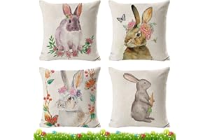 JOKILY 4 sztuki wielkanocnych poszewek na poduszki, wielkanocne elementy zajączka, 45 x 45 cm, dekoracja wielkanocna, lniana poszewka na poduszkę na sofę, do spania, dekoracja do salonu, na sofę, do biura, samochodu