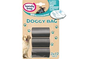 Handy Bag 3 Rouleaux de 12 Sacs, Pour Déjections Canines 3 L, Doggy Bag, Format Compact, Pack de 3 Rouleaux, Noir, Opaque