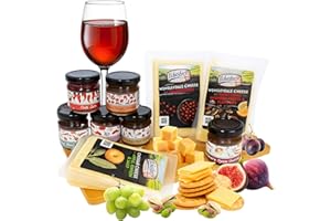TOPLINE Cheese Wedges, Chutney & Cheeseboard Set - A Selection of 3x150g Cheddar with Onion Sage, Cranberries, Panettone Inspired Fruits, Board & 6 Chutney Jars. Great for Cheese Gifts, Hampers