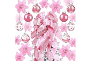 GEOSAR 49 Decoración de Árbol de Navidad Set Incluye Adornos para Árbol de Navidad, 24 Flores con Purpurina 3 Tamaños, 24 Adornos de Bolas de Navidad de 2,36 Pulgadas para Fiestas (Rosa)