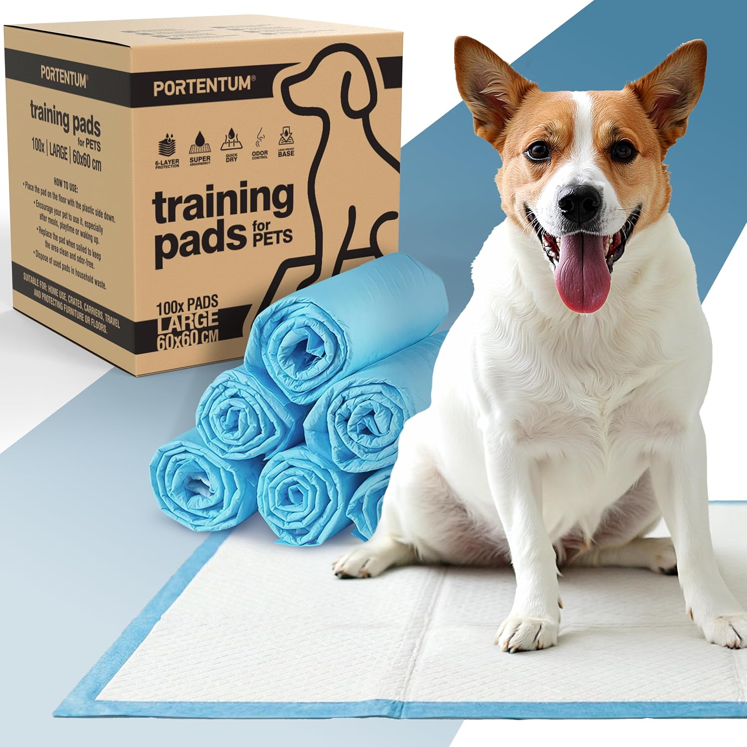 PORTENTUM Empapadores Perros 60x60 cm 100 Unidades – 6 Capas absorbentes antifugas con Control de olores – Alfombrillas Desechables para Entrenamiento – Inodoro para Perros