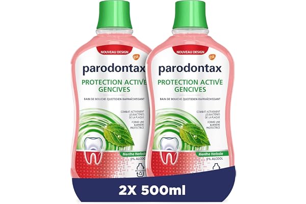 PARODONTAX - Bain de Bouche Quotidien Rafraîchissant - Protection Active Gencives - Combat les Bactéries de la Plaque Dentaire - Forme Une Barrière Protectrice - 0% Alcool - Menthe Herbale - 2x500 ml