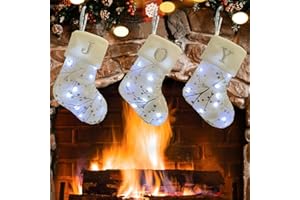 JINGTOPS 3 szt. Świąteczne skarpety z oświetleniem LED, spersonalizowane skarpety Świętego Mikołaja z literami JOY, białe torby świąteczne, pudełko na prezent wiszące na kominku na drzewie, 20 x 17 cm