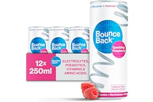 Bounce Back Caffeine-Free Sparkling Water with B12, Electrolytes, Vitamins & Prebiotics | Vegan, Low-Calorie Hydration Drink for Gut Health, Immunity and Recovery | Raspberry Flavour | 12 x 250ml