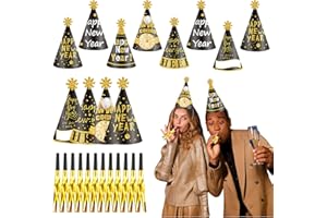 Gibocot 24 Pieces Happy New Year Party Kit 2025 NYE Party Hats & Black and Gold Party Blowers Novelty Photo Props for Kids Adults 2025 New Year's Eve Party Supplies