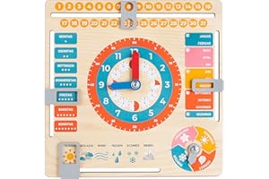 FANCY Holzspielzeug Lernuhr Kinder Kalenderuhr für Kinder Holz - Deutsch Jahresuhr zum Lernen der Uhrzeit, dem Datum, der Wochentage, Monate, Jahreszeiten und des Wetters - Lerntafel ab 3 Jahre