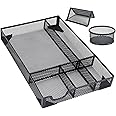 Aileese Desk Drawer Organizer Tray- Metal Mesh 5 Compartments Large Space,Multi-use Storage Box Set for Office,Bathroom,Kitchen Flatware,Makeup