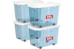 Cetomo 80L*4 Storage Boxes with Wheels, Plastic Storage Box with Lid, Latching Buckles, Click Closure, Stackable, Nesting, Durable Organizer for Home Office Clothes, Clear Blue, 80L-4 Pack