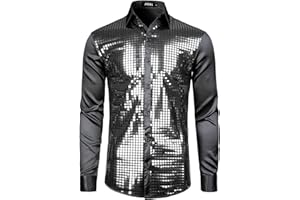 JOGAL Herren Pailletten Hemd 70er Langarm Disco Party Kostüm