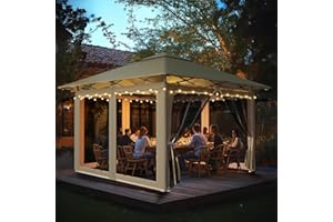 arvioo Gartenpavillon 3x3m, Gartenkomfort Deluxe, Pop Up Pavillon mit 4 Moskitoseitenwänden & Belüftungslöcher, Windschutz UV-Schutz, 3-Stufen Höhenverstellbar, aus Metall & 210D Oxford-Gewebe (Khaki)