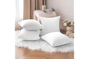 Aspire Homeware Cushions with Covers Included – (Set of 4) White Stripe Velvet Sofa Cushion Covers 45x45cm Soft & Comfortable Cushion Inserts – Large Filled Decorative Cushion for Bedroom