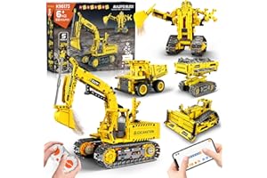 HOGOKIDS Jouets de Construction RC Techniques 5 en 1 Livré avec Application et télécommande, Bulldozer d'ingénierie/Pelle/Robot/Camion à Benne basculante/Camion élévateur garçons et Filles de 6-12