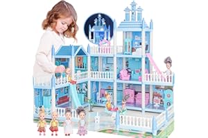 GIRLDIARY Doll House for Girls Toddlers - Huge Dollhouse with 4 Dolls Figure, Furnitures, Accessories, LED Light, 3 Stories Princess Dream Doll House Toys Gift for Kids 3 4 5 6 7 8 Year Old