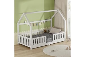 AVC Designs Junior Wooden House Bed Toddler Solid Pine Wood Modern Children Kids Junior Bed Frame White