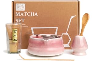 HEI MING Premium Matcha-set med 6 delar – exklusivt matcha-teset med bambu-chasen (visp), rosa keramikskål, sil, sked och til