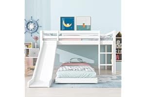 Merax Bunk Bed for Kids with Adjustable Ladder and Slide, Children's Cabin Bed with Adjustable Lower Level, White Wood Loft Frame, No Mattress (190x90cm+200x90cm)