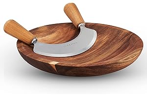 Cole & Mason H722130 Ashden Tagliere da Cucina Rotondo e Coltello Mezzaluna, Asse Per Tritare Erbe Aromatiche, Aglio, Noci, Legno di Acacia, Acciaio Inossidabile, Ø‎245mm, Non Adatto per Lavastoviglie