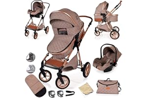 LIBREBON Baby Pram Pushchair Buggy with Car Seat Lightweight Stroller Folding Strollers 3 in1 Travel System Baby Trolley Pram for Newborns Toddlers from Birth (Beige - Rose Gold Frame)