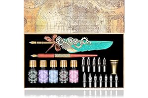 YICMY Quill Pen and Ink Set, Feather Wooden Pen Calligraphy Pen Set with 5 Inks, 6 Nibs and Pen Holder, Dip Pen Stationery Gift Calligraphy Set for Beginners Handwriting Lovers
