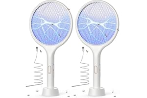 YISSVIC Raquette Electrique Insectes, 2 PCS Raquette Anti Moustiques Électrique 4000 V 1500 mAh Rechargeable avec Base Stable Contre Moustiques Mouches Insectes Volants, Blanc