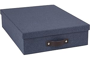 Bigso Box of Sweden Caja de almacenaje con tapa para folios A4, folletos, etc. – Organizador de documentos con asa – Organizador de escritorio de tablero de fibras y papel con aspecto de lino – azul