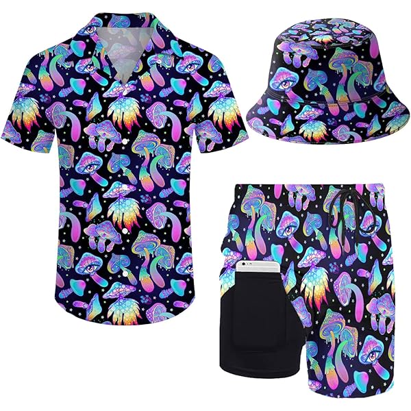 Wpamlrta Set camicia e pantaloncini da uomo anni '80, motivo floreale, anni '70, anni '80, anni '90, con bottoni e cappelli, 80s 90s Nero, M