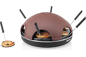 ‎TRISTAR Tristar Pizza Festa 6, handgemachte Terracotta Kuppel, 1200 Watt Leistung, 37 cm ø, inklusive Teigschneider und 6 Mini-Pizza Pfännchen, Kabellänge von 2 Metern, Schwarz