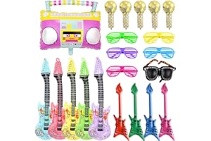 KODEPRO 21 Pcs Inflatable Instruments Props, Inflatable Musical Toy Set with Inflatable Microphone Radio Guitar Shutter Shading Glasses Sunglasses Bass for Halloween Birthday 80s 90s Themed Party Carnival