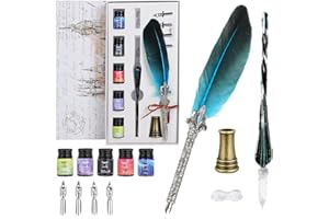 Olasfa Penna Piuma Stilografica Set Vintage Penna Piuma D'oca Penna di Vetro con Inchiostro 4 Pennini di Ricambio per Scrittura Calligrafica Regalo di Compleanno Anniversario