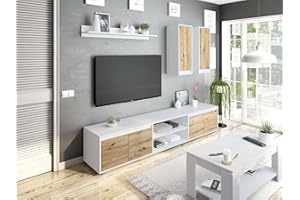 Dmora - Parete attrezzata Wells, Set da soggiorno, Mobile salotto multiuso, Composizione per salotto moderno, 200x40h114 cm, Bianco e Rovere