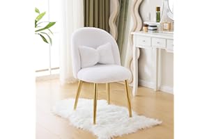 ‎TACTFIRE TactFire Schminktisch Stuhl, Sessel Wohnzimmer, Lesesessel, mit verstellbaren Goldbeinen & Schleifenkissen, Kaninchenfell-Imitat (Weiß)