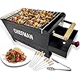 ChefMan - 14 IN Medium Charcoal Grill Barbeque | Includes 8 Skewers, Grill, Tong | Ideal for Outdoor Picnics, Parties & Grilling | Paneer Tikka, Burger, Chicken, Corn & Grilled Fruits, Black, Metal.