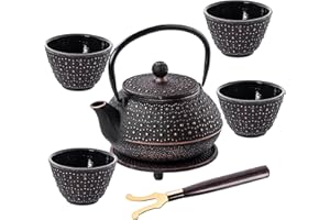 ‎KADAX KADAX Japoński dzbanek do herbaty, 0,8 l, z 4 filiżankami do herbaty sypkiej, japoński serwis do herbaty z żeliwa, żeliwny dzbanek z sitkiem do herbaty, pokrywką, uchwytem i podstawką (czarny)