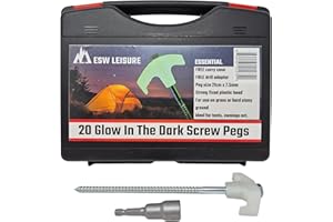 ESW LEISURE 20 Heavy Duty Tent Pegs With Free Carry Case, For Hard Ground Camping Awnings Gazebos Bivvy Steel Guyline Rope (ESW LEISURE 20 Glow In The Dark Screw Pegs & Drill Adaptor With Free Case)
