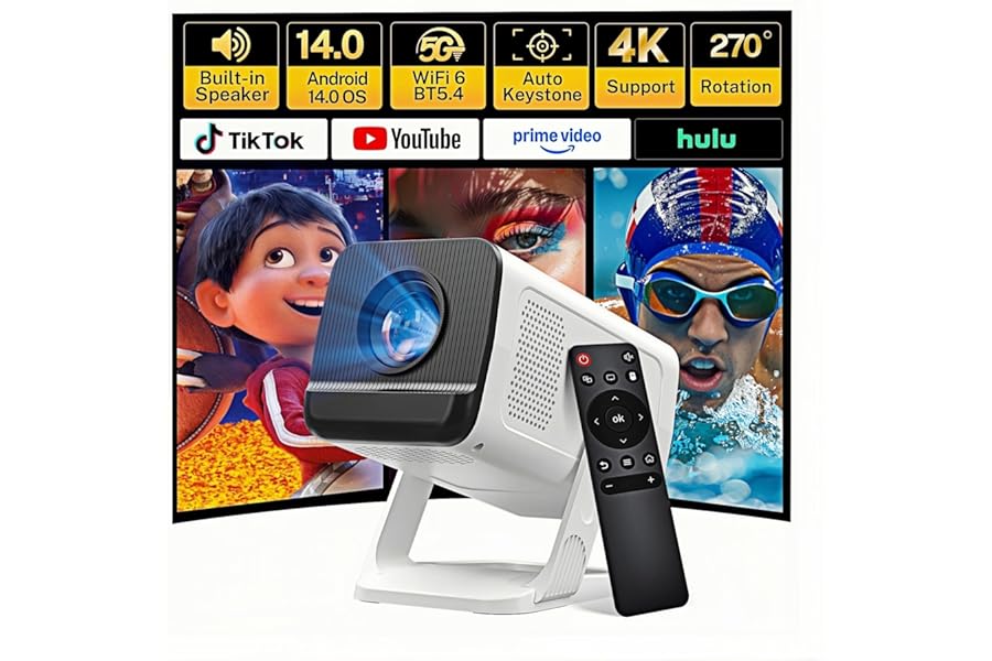 Mini Projector for Bedroom Portable WiFi 6 and Bluetooth 5.4, Built-in Apps Android 14 OS 1080P Support Ceiling Home Theater Auto Keystone 270° Rotatable Indoor Outdoor VisualCube 300 White