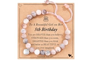POWWA 4-16 Birthday Gifts for Girls, Pink Zebra Natural Stone Bracelet with Sweet Heart Charm for Daughter/Granddaughter/Niece