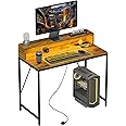 HOMCOM Computer Desk with LED Lights and Power Outlets, Gaming Desk with Monitor Stand, Computer Table with Remote for Home Office Study, Rustic Brown