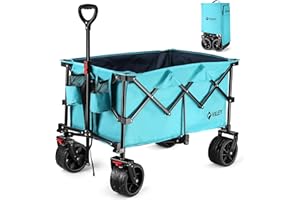 VILLEY Festival Trolley, Collapsible Camping Trolley with Big Wheels, Folding Wagon Cart Loadable up to 102KG, All-Terrain Wheels Wagon with Brakes for Outdoor Picnic Garden Beach