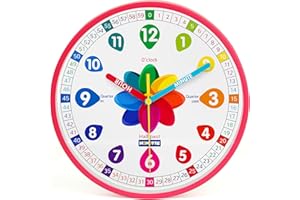 HOMOTTE Learning Pink Clock for Kids - Silent Telling the Time Teaching Clocks - Non-Ticking Kids Clocks for Bedrooms - Educational Wall Clock for Classroom Teaching Time - Children Learn to Tell Time Easily