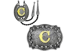 Yjfeshion 2 Pieces Western Cowboy Belt Buckle Bolo Tie Set Golden Initial Letter ABCJ to Z Rodeo Belt Buckles for Women Men