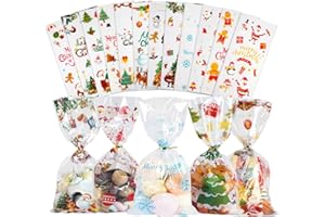 Sweelov Torebki celofanowe na Boże Narodzenie, małe plastikowe torebki do napełniania, przezroczyste, torebki na słodycze, Boże Narodzenie, torebki na prezenty na ciastka, czekoladę