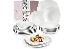 SÄNGER | Tafelservice Bilgola Weiß, 18-teiliges Geschirrset für 6 Personen mit Suppen-, Dessert-, & flachen Tellern aus Porzellan | PREMIUM COLLECTION