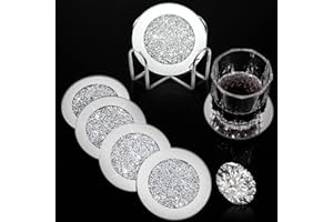 Jetec Crushed Diamond Decoration Glass Coaster Coasters Set of 6 with 1 Holder, Crystal Mirrored Coasters Glitter Crushed Diamond Decoration Rhinestone for Kitchen Bar Home(Silver,4 Inch)