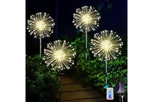 Dekofun Solar Garden Lights Outdoor 4 x 120 LED Solar Firework Lights, 8 Lighting Modes Starburst Lights with Remote, Waterproof Solar Dandelion Lights for Garden Pathway Decorations - Warm White