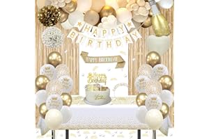 GYESXYW Geburtstagsdeko Gold, Beige Gold Weiß Party Deko Set mit Happy Birthday Banner, Konfetti Luftballons, Schärpe und Geburtstagskrone, Tischdecke, Vorhang, Pompons für Frauen Geburtstag Deko