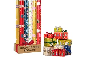 PLAYZOCO Rollo de papel para envolver regalos, Papel Regalo Cumpleaños, Papel Regalo Navidad, Papel navideño, Tamaño 70 cm x 2 Metros, Contiene 6 Rollos con diseños de Reyes Magos Multicolor