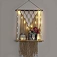 VAH- Kya Bat Hai !! Macrame Design Rectangle Floating 1 Layer Pine Wooden Wall Shelf with LED for Home Decor, Innovative Gift for Storage & Decoration (Pack of 1 Pine Shelf & LED)