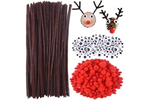 CHRORINE 830-teiliges Weihnachts Rentier Set, Wackelaugen Selbstklebend, Rote Pompons, Pfeifenputzer Braun zum Basteln, Weihnachten Geschenktüten Dekoration