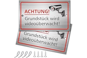 YEZIRZAX 2 Stück Videoüberwachung Schild, 10x6cm Aluminium Schilder Kameraüberwachung, Achtung Videoüberwachung für Privatgrundstück mit Selbstklebend und 2 Bohrlöcher, Schild Videoüberwachung, Warnschild